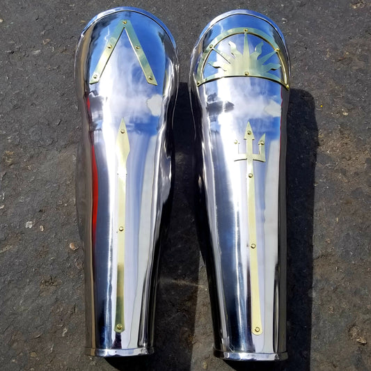 Custom Spring Stainless Steel Greco Roman Greaves with Brasswork